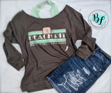 The Peach Pit | Raglan | Soft Cotton | Wide-Neck | Off Shoulder | Chic Raw-Edge Neck | Beverly Hills 90210 | TV tee | 3/4 Sleeve | Gray Tee