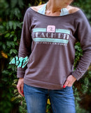 The Peach Pit | Raglan | Soft Cotton | Wide-Neck | Off Shoulder | Chic Raw-Edge Neck | Beverly Hills 90210 | TV tee | 3/4 Sleeve | Gray Tee