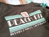 The Peach Pit | Raglan | Soft Cotton | Wide-Neck | Off Shoulder | Chic Raw-Edge Neck | Beverly Hills 90210 | TV tee | 3/4 Sleeve | Gray Tee