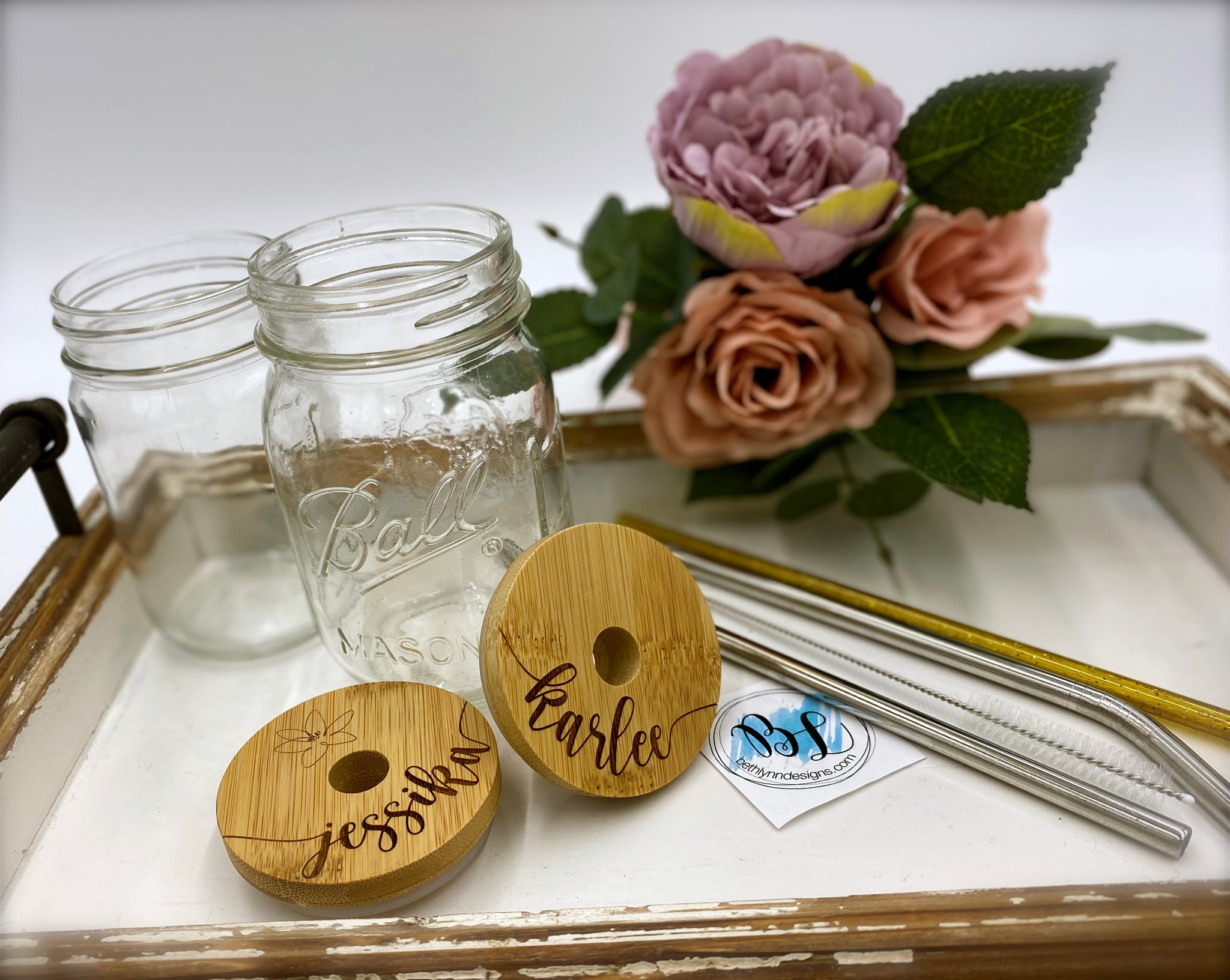 Personalized Glass with Bamboo Lid and Straw