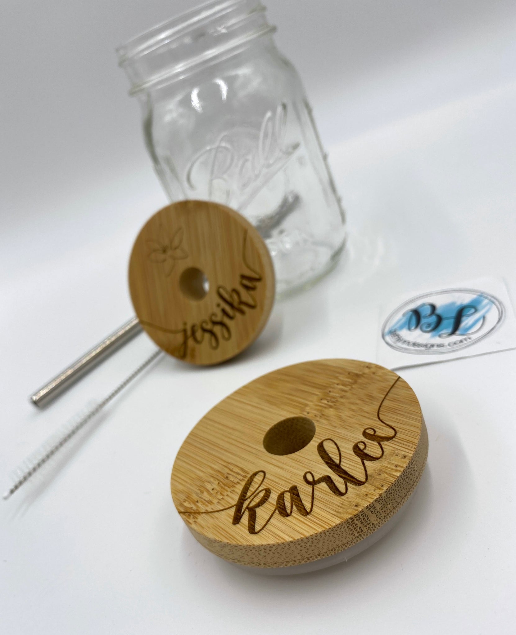 Engraved Customized Bamboo Lid w/ straw, Wide Mouth, NO Vinyl